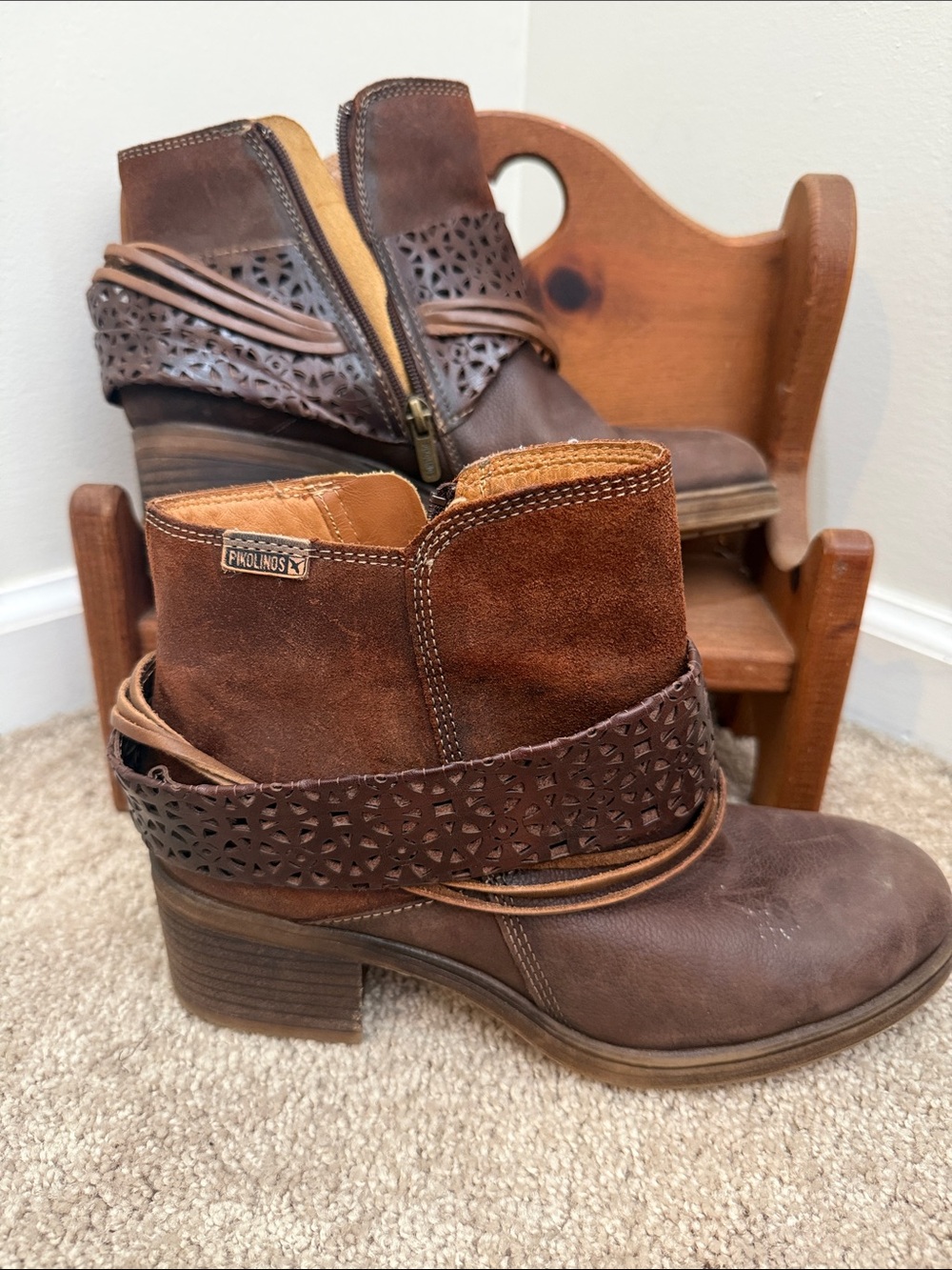 PIKOLINOS Chestnut Brown Laser-Cut Leather Ankle Boots